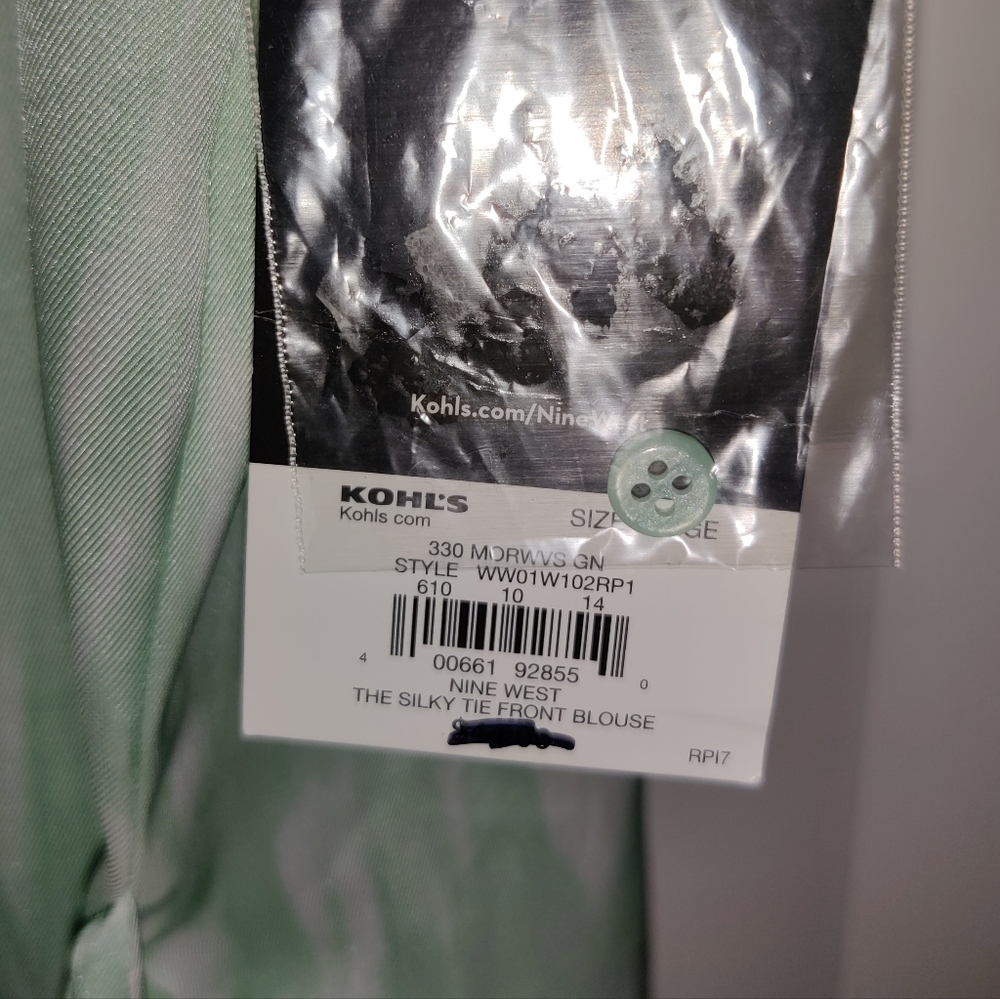 NWT Nine West Mint Green Silky Tie Front Blouse Large - Picture 4 of 4